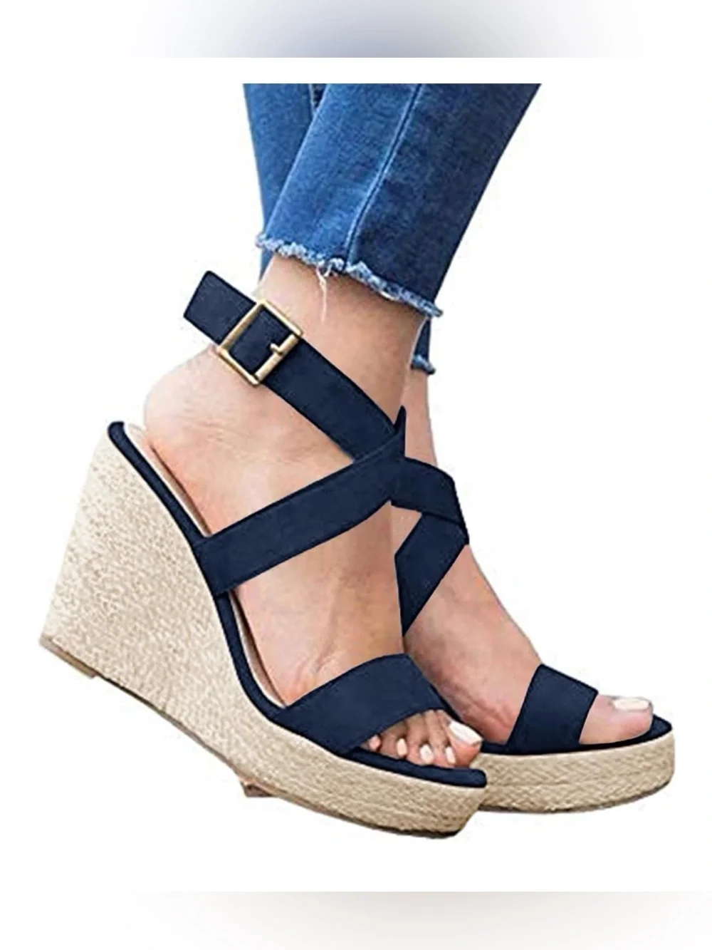 NWT Coutgo Women's Espadrille Wedge Platform Sandals Open Toe Ankle Buckle Strap